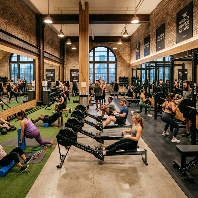 Wide shot of the gym community during a group event